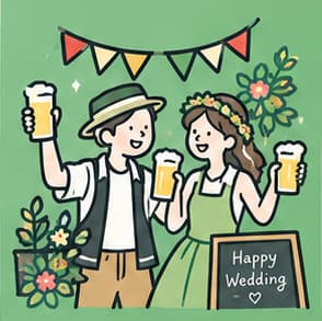 緑と花に囲まれ、ビールで乾杯するカップル